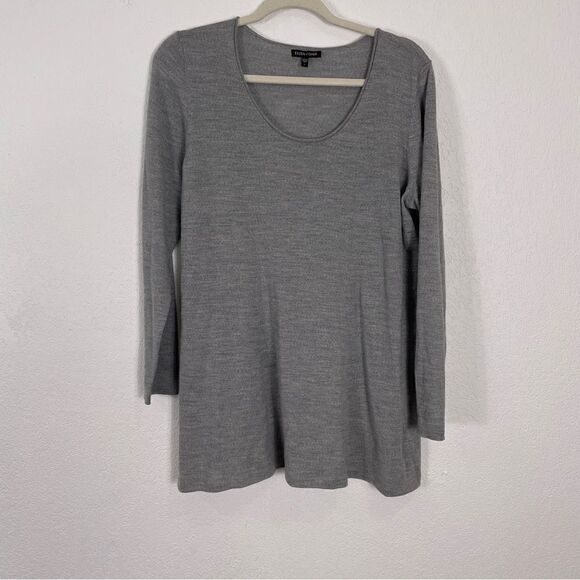 Eileen Fisher Grey Scoop Neck 100% Merino Wool Sweater - Picture 1 of 8